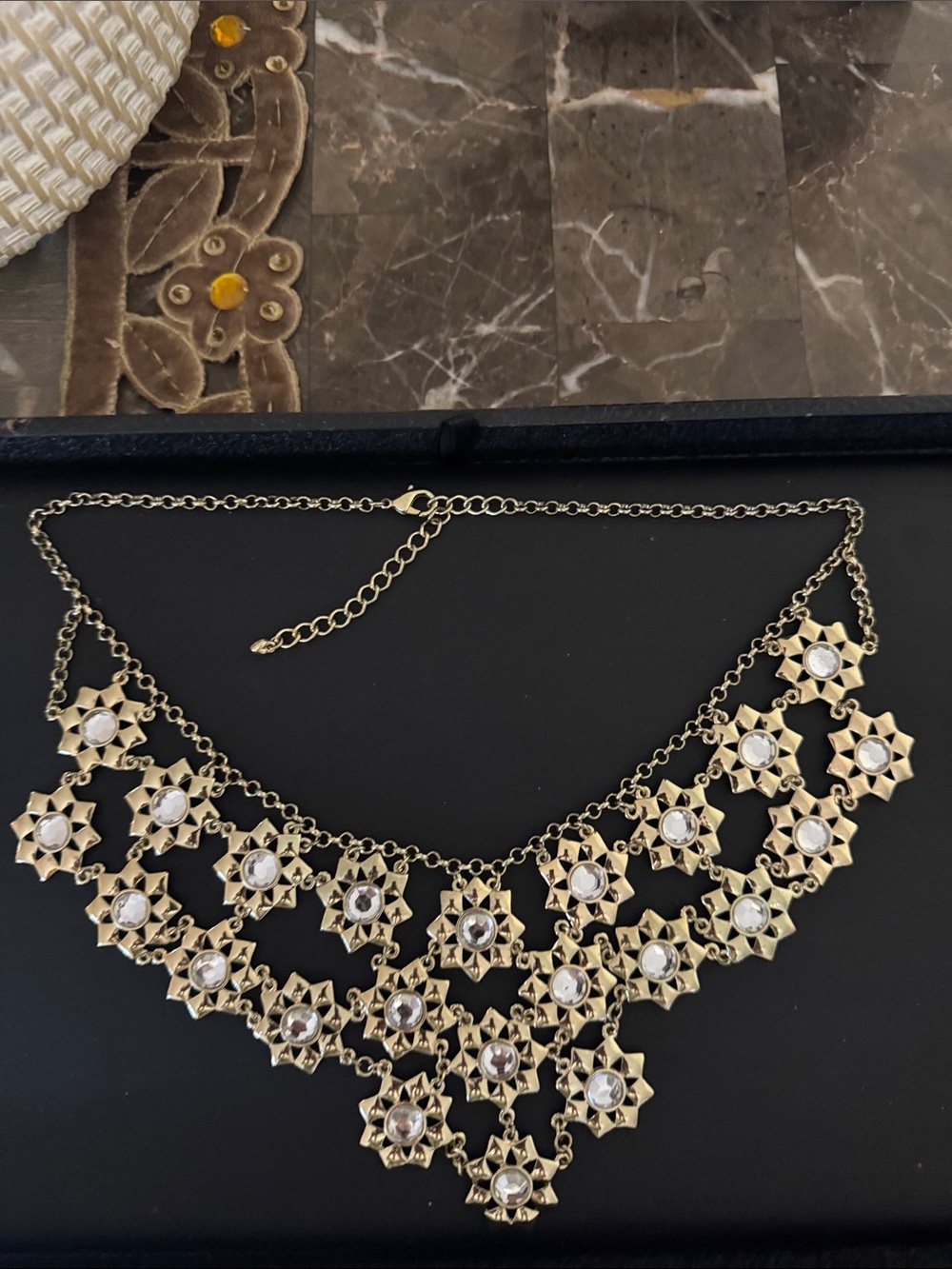Gold-Tone Star Medallion Bib Necklace with Clear Stones